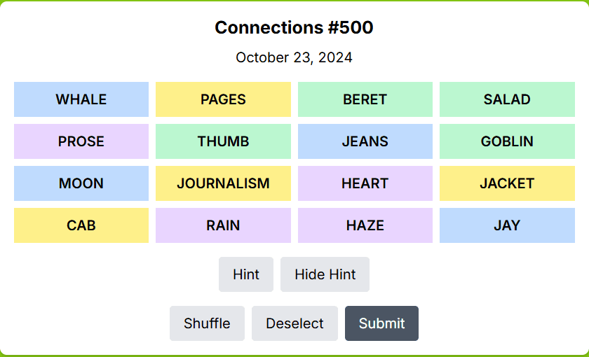 Visualize the Connections Game with color hint